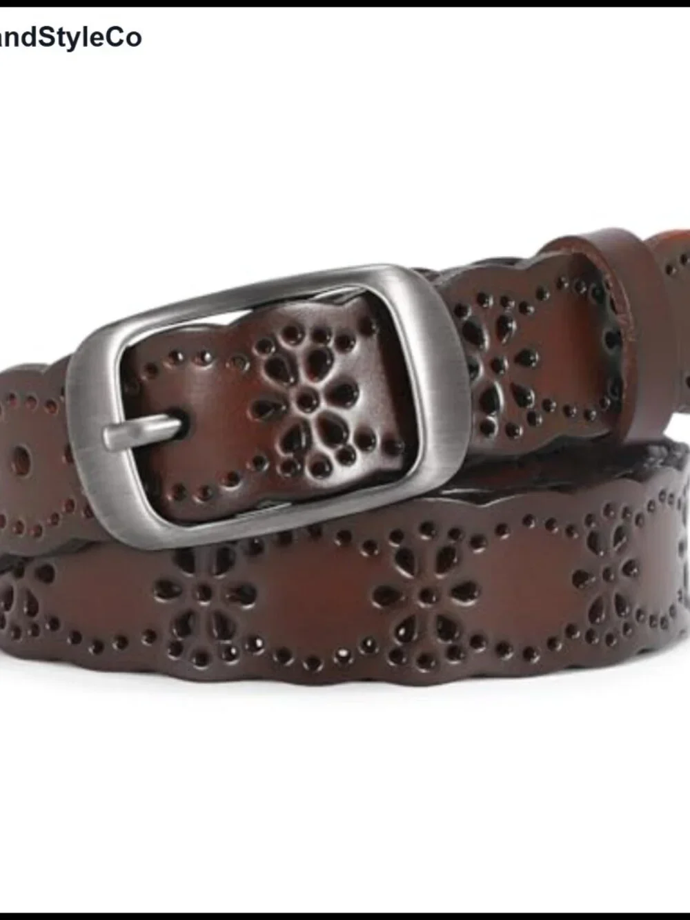 Women's Leather Belt Hollow Flower Design Waist Belt with Solid Pin Buckle